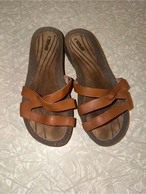 Teva Brown Leather Triple-Strap Slide Sandals